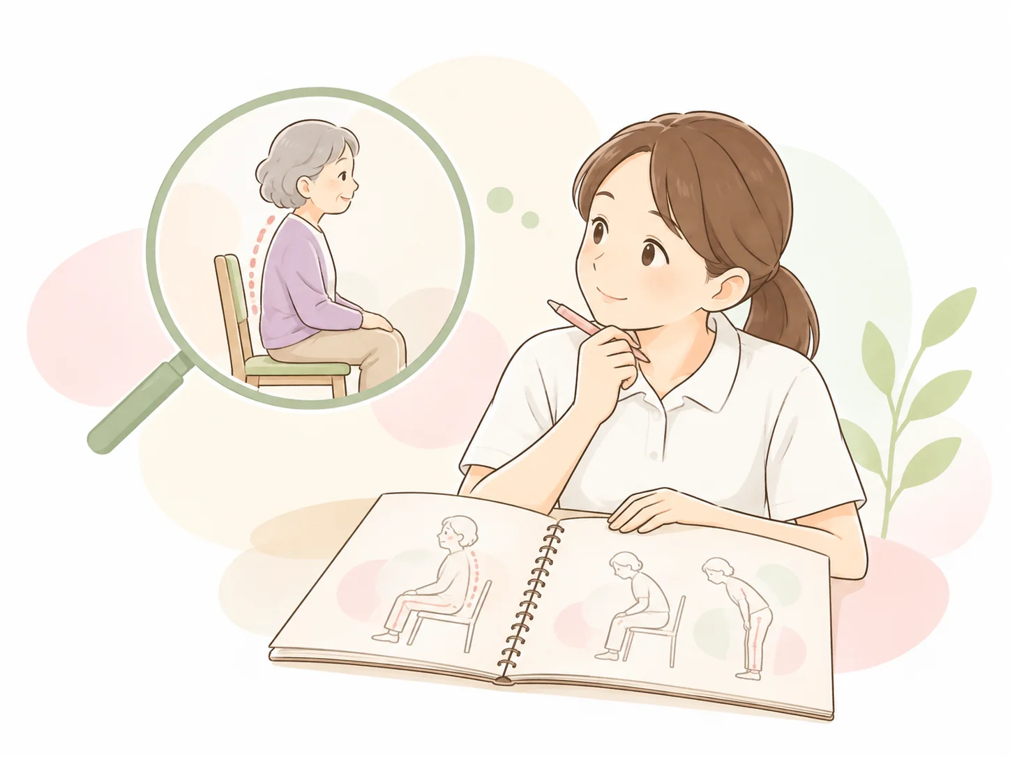 姿勢の変化を観察し、介助の理由を考えるイラスト